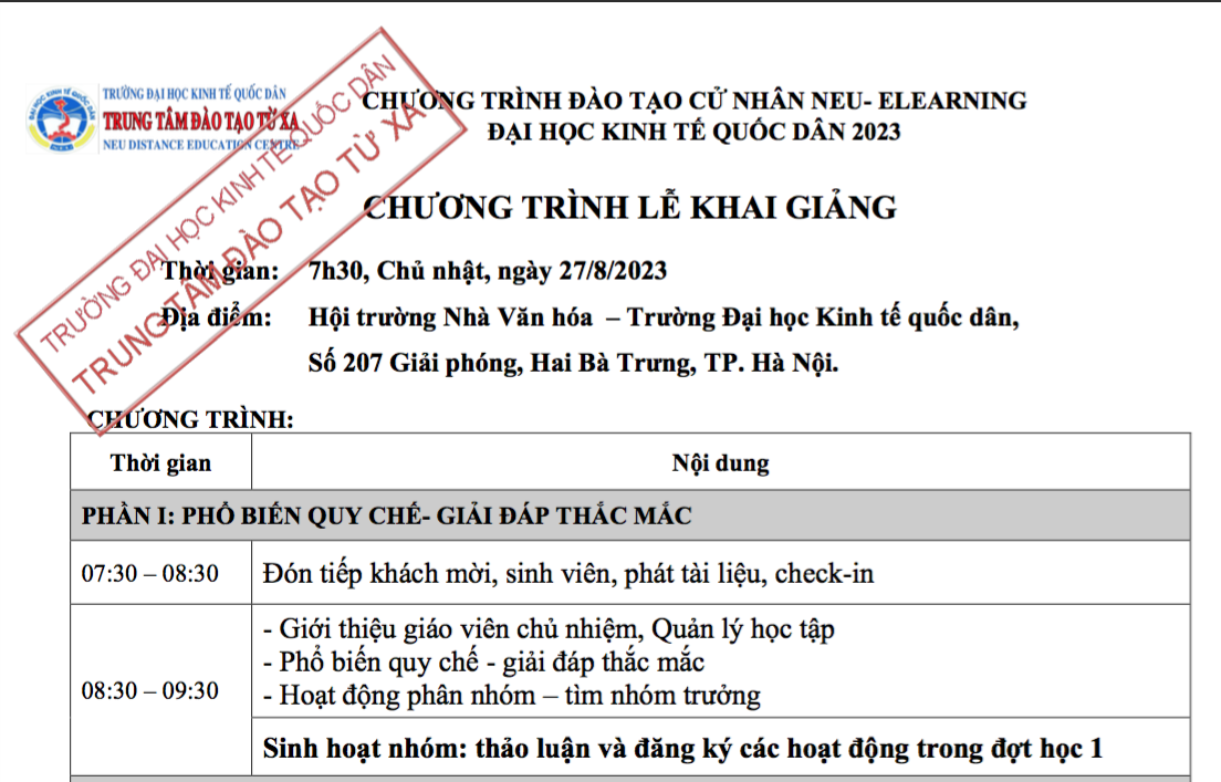 Lịch khai giảng Đại Học Từ Xa Kinh Tế Quốc Dân